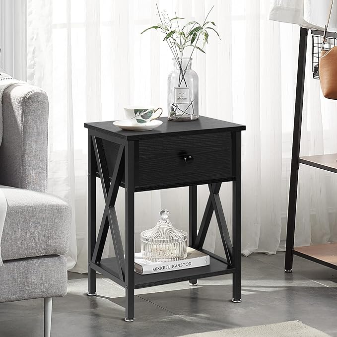 VECELO Nightstand,Modern Bedside End Table, Night Stand with Drawer and Storage Shelf for Living Room Bedroom, Industrial Metal Frame