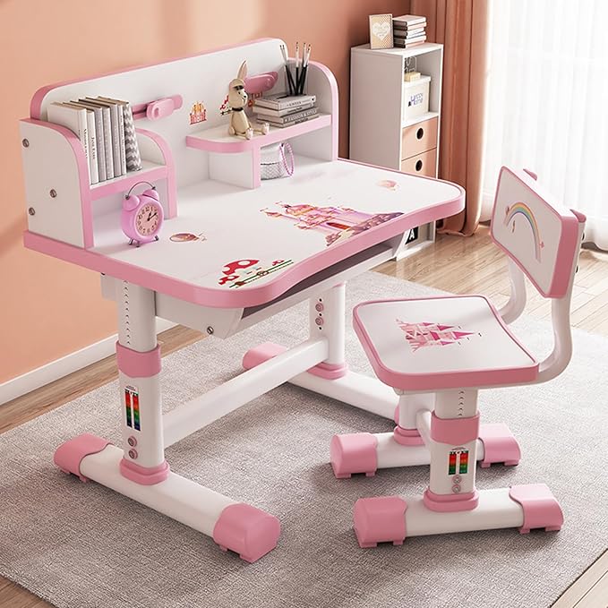 Kids Functional Desk and Chair Set, Height Adjustable Children School Study Table Chair Set with Cartoon Pattern, Ergonomic Desk Chair with Large Writing Board, Bookshelf and Book Bucket Pink