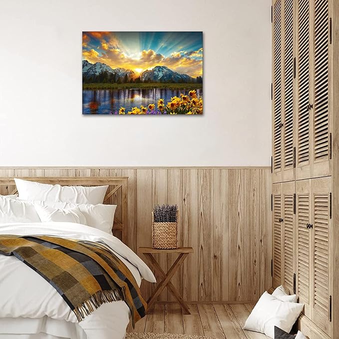 SKASNFAI Grand Teton National Park Wall Art Sunflower Landscape Canvas Mountain Artwork Landscape Print for Living Room Framed (28x44 inch)