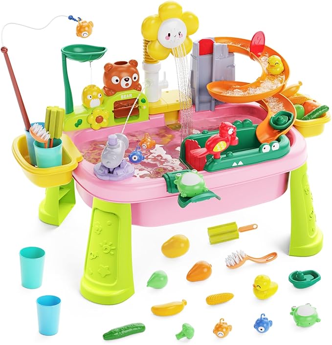 Toddler Water Table, Kids 4-8 Years Water Table with Pump, Sensory Table with Toy Vegetables, Dinnerware and Fishing Game, Outdoor Toys Summer Beach, for 3 4 5 6 7 8