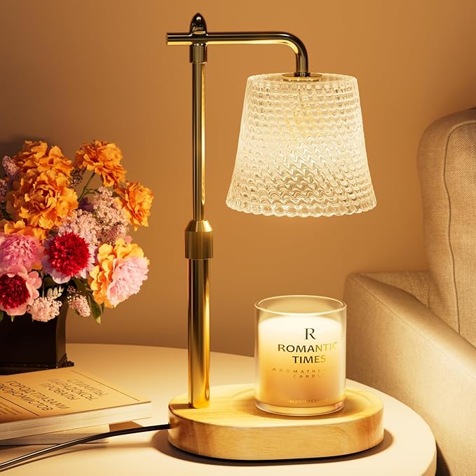 Candle Warmer Lamp with Timer Dimmable - Height Adjustable Candle Warmer for Jar Candles - Birthday Gifts for Women Mom - House Warming Gifts New Home Decor (Wood Base Clear Shade)