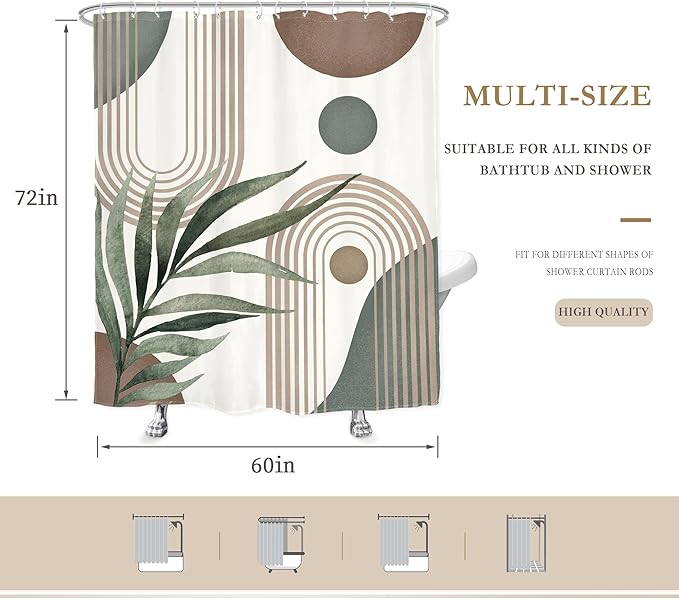 Glawry Boho Shower Curtain Brown Mid Century Abstract Plant Palm Leaves Modern Arch Curve Bathroom Minimalist Geometric Aesthetic 60Wx72L Inches Bath Accessories Art Home Decor Fabric 12 Pack Hooks