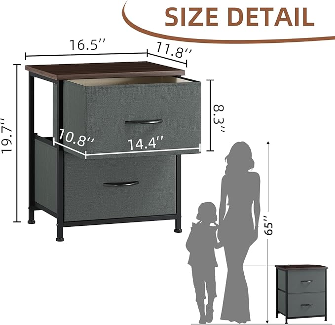 Somdot Nightstand Set of 2, Small Dresser for Bedroom with 2 Drawers, Bedside Table Night Stand End Table with Fabric Bins for Bedroom Kids Closet Dorm Guest Room, Charcoal Grey