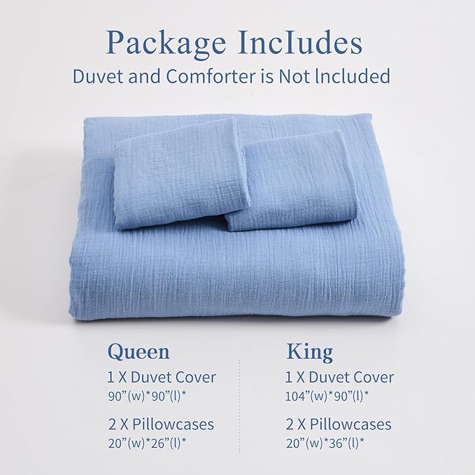 MEISHANG Muslin Duvet Cover King Size - 100% Organic Cotton, Soft Textured Gauze Weave Comforter Cover for Breathable All-Season with Zipper Closure - 3 Piece Set (King, Smoky Blue)