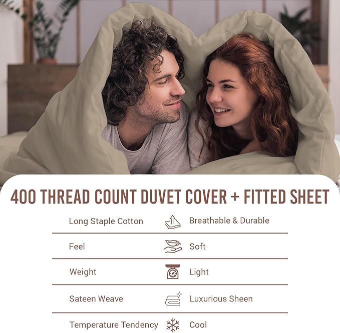 Pizuna 100% Cotton Full 3 Pc Duvet Cover + 1 Pc Fitted Sheet Set 400 Thread Count Simply Taupe Sateen Weave Luxurious Long Staple Cotton 4 Piece Bedding Set-1 Duvet Cover,2 Pillow Shams,1 Fitted Sheet