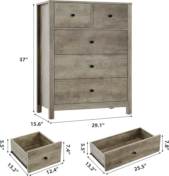 GarveeHome Grey 5 Drawer Dresser for Bedroom, Modern Tall Dresser Organizer with Storage Drawers, Wooden Chests of Drawers for Bedroom, Entryway, Hallway, Home Office