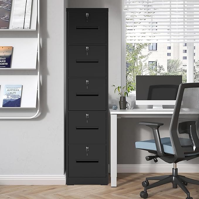 5 Drawer File Cabinet with 5 Individual Locks, Vertical Metal Filing Cabinet Home Office Narrow Locking File Cabinets for A4/Legal/Letter File Folders, Anti-Tilt Design, Need Assemble (Black)