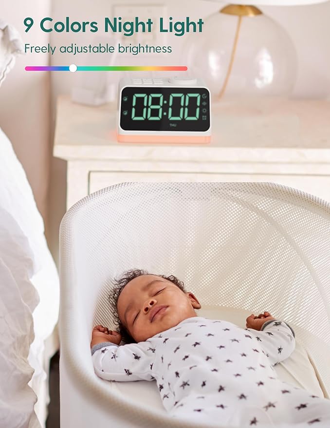 BABELIO Alarm Clock Sound Machine with Sleep Training, 17 Smoothing Sounds, Night Light, Timer, Gentle Wake up for Bedrooms, Adults, Kids and Baby