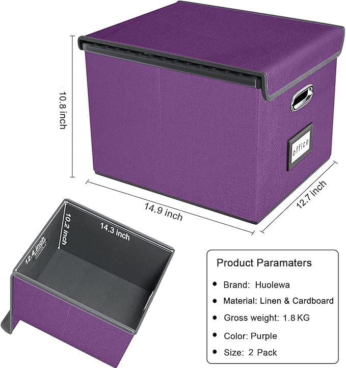 Huolewa Upgraded File Organizer Boxes with Lids, Linen Hanging Filing & Storage Boxes with Plastic Slides for Office/Decor/Hom, Universal Hanging Filing Organization Boxes for Letter/Legal Folder