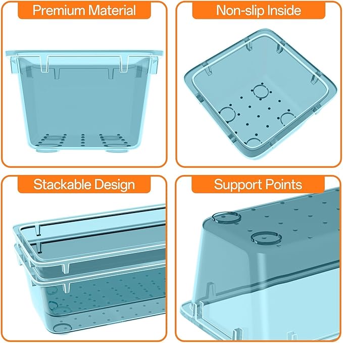 WOWBOX 16 PCS Plastic Drawer Organizer Set, 4 Sizes Desk Drawer Organization and Storage Containers for Makeup, Cosmetics, Jewelry and Gadgets in Kitchen, Bathroom, Bedroom, Office, Clear Sea Blue