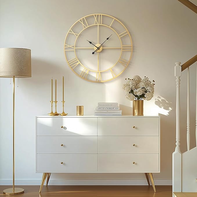 Gold 30 Inch Extra Large Wall Clock for Living Room Kitchen Mantel, Battery-Operated Metal Roman Number Round Decorative Big Clock for Bedroom, Silent Non-Ticking