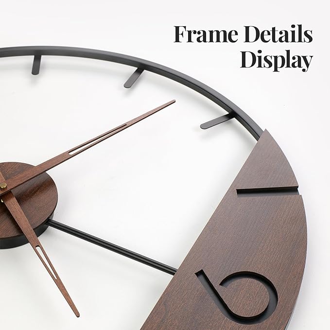 16 Inch Wall Clock with Walnut Wood Dial, Modern Decorative Clock Silent Non-Ticking Battery Operated Metal Frame for Living Room, Kitchen, Office, or Bedroom Wall Decor, Black and Brown