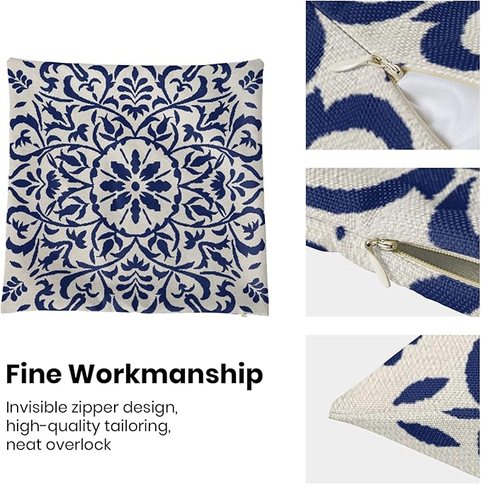 Navy Blue Boho Pillow Covers 24x24 Set of 2, Bohemian Ethnic Carpet Pattern Design Decorative Throw Pillows Linen Blue Print Farmhouse Cushion Pillow Covers for Sofa Couch Outdoor Decor