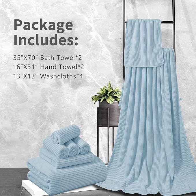 8-Piece Premium Towel Set for Bathroom|2 Oversized Large Bath Sheet,2 Hand Towels,4 Washcloths|Soft Cozy Highly Absorbent Fast Dry Microfiber Shower Towel Set for Hotel Bathroom Essentials,Blue