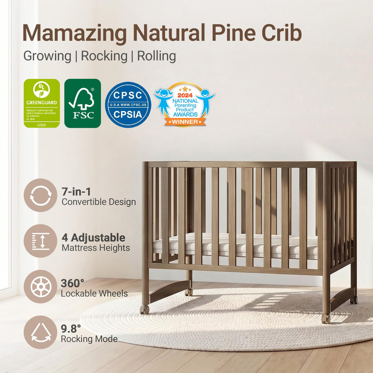MAMAZING EvoNook 7-in-1 Convertible Baby Mini Crib with Wheels