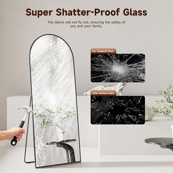 Arched Full Length Mirror 71"x28", Black Tempered Glass Wall Hanging Mounted Body Length Mirrors with Stand, Large Floor Aluminum Alloy Thin Frame