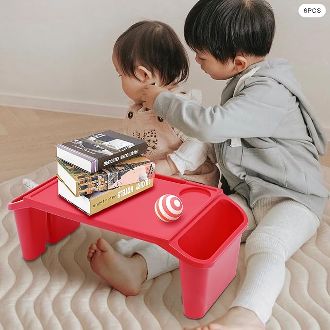 6 Pcs Kids Lap Desk Tray, Plastic Breakfast Lap Desk Trays with Side Pockets and Slot, Portable Lap Table Snack Tray for Eating, Writing, Drawing, Game, 19.69" L x 9.84" W x 7.1" H (Red*6)