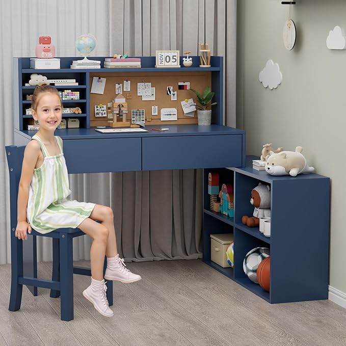Blue Wooden Kids Desk and Chair Set,RUPOLX Kids Study Table and Chair Set with 2 Drawers & 4 Cabinets, Kids Study Desk with Removable Large Storage Cabinet,Girls Study Desks for Kid for Bedroom-NTU9XC