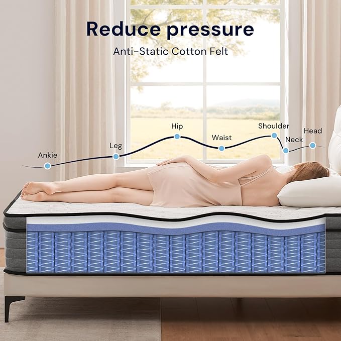 VKT 14 Inch Queen Hybrid Mattress - Medium Firm Feel Back Support, Mattress in a Box with Individual Pocket Springs, Cooling Memory Foam for Pressure Relief with CertiPUR-US Certified