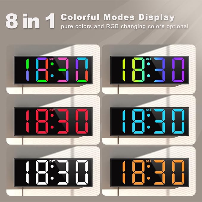 JALL 12'' Large Digital Wall Clock, Big LED Number Dispaly, RGB Colors, DST, Night Light for Classroom Living Room Bedroom Mounted Birthday Xmas Gift for Senior, Mem Womem (Red Font, 12 inches)