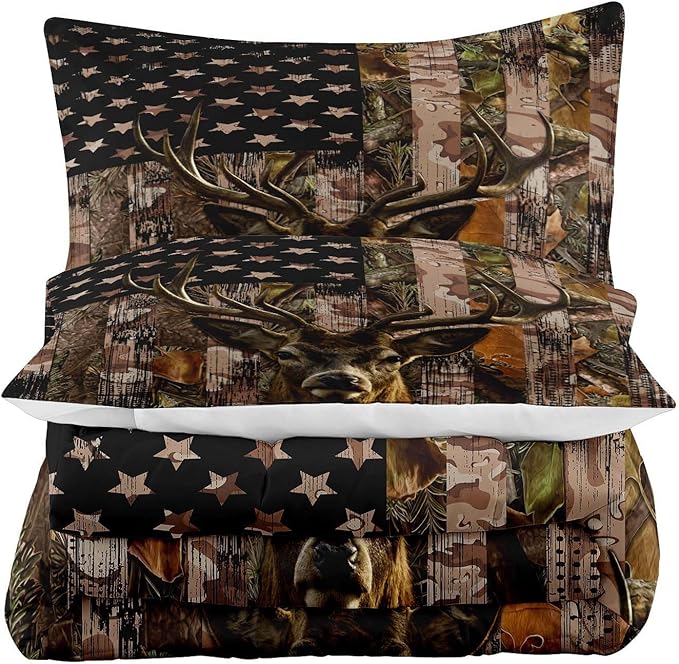 Tailor Shop Deer Comforter Sets King Size,American Flag Camo Bedding Sets for Boys Kids Teens Hunting Comforter Sets Woodland Moose Wildlife Forest Bed Set, with 1 Comforter 2 Pillowcase……