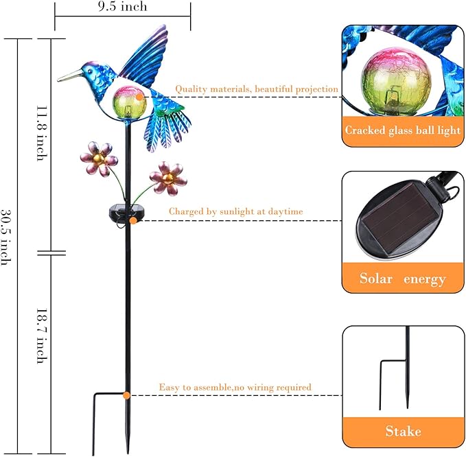 Afirst Solar Garden Stake Lights - Outdoor Waterproof Decorative Solar Hummingbird LED Warm Crackled Glass Globe Lights for Walkway, Pathway, Yard, Lawn