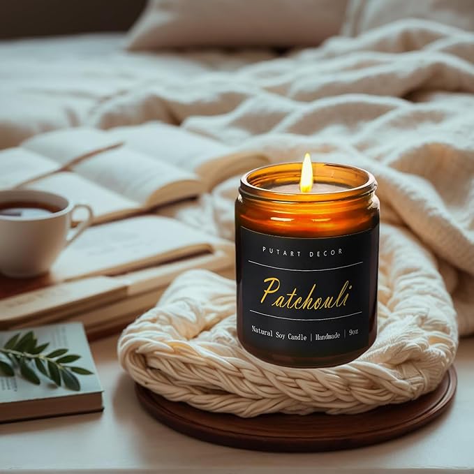 Patchouli Scented Candles for Home, 9oz Natural Soy Wax Aromatherapy Organic Santal Candle for Stress Relief, Long Burning & Lasting Jar Candle Gifts for Birthday, Housewarmings, Thanksgiving