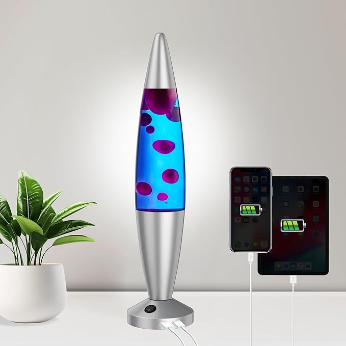 JAMBO Beautiful Liquid Lamp with USB Ports, 16" Motion Light with Blue Liquid Purple Wax, Relaxing Nightlight, Mood Light for Bedroom, Living Room, Office - Adults, Teens, Kids