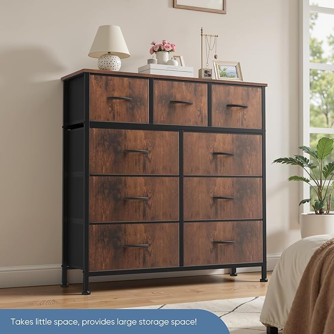 DUMOS 9 Drawer Dresser for Bedroom, Fabric Storage Organizer with Sturdy Metal Frame, Wooden Top Chest of Drawers for Closet Nursery Entryway Guest Room,Cocoa Brown