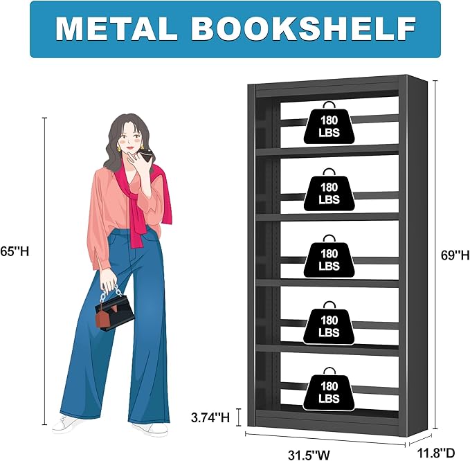 69" Tall Bookcase, Metal 6 Tier Bookshelf, Adjustable Industrial Bookshelf, Easy Assembly Modern Open Black Storage Shelf for Office, Bedroom, Living Room, Classroom, Library