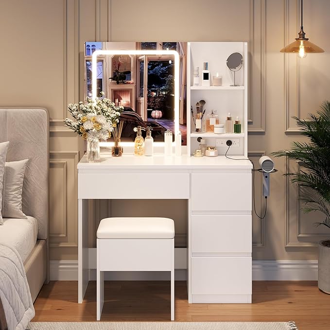 Vanity Desk with Mirror and LED Light, Vanity Desk with 4 Drawers, Power Outlet, Storage Stool, Storage Shelves & Hair Dryer Holder, Adjustable 3 Lighting Mode, Makeup Vanity Set for Bedroom, White