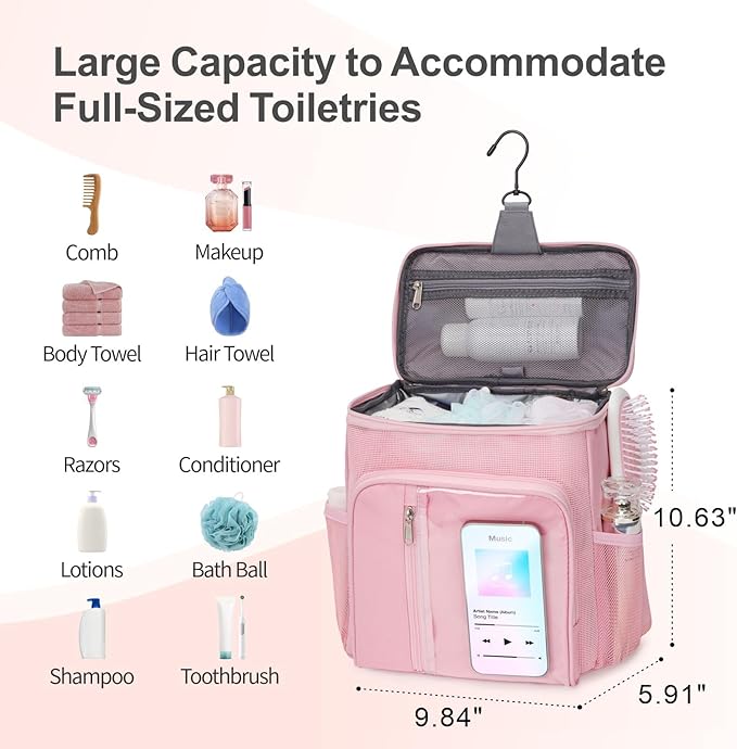 F-color Shower Caddy Dorm - College Dorm Essentials for Guys with Hooks, Quick-Dry Shower Caddy Portable for Travel Essentials, Water-Resistant with Multiple Pockets for Easy Access, Pink