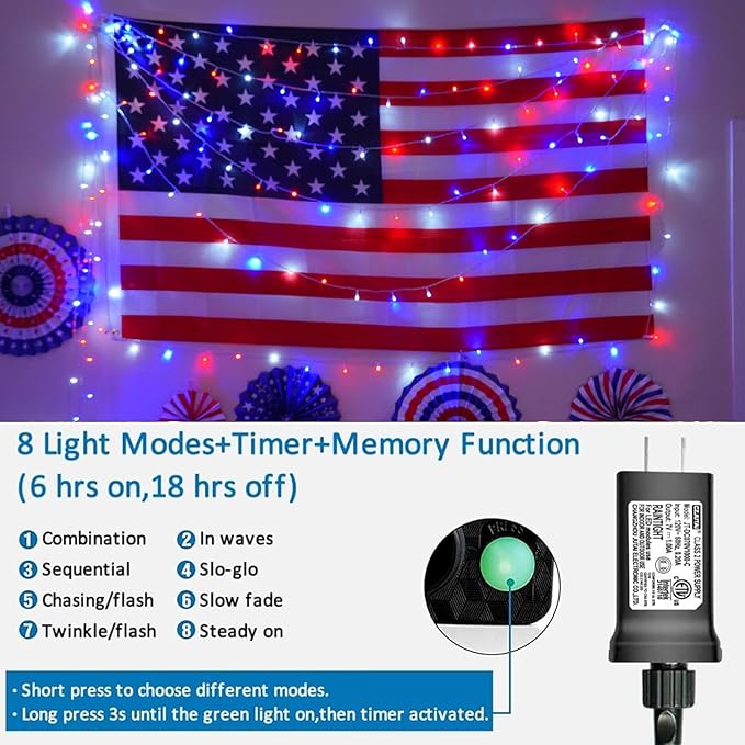 QITONG 500 LED Red White and Blue String Lights,165ft 4th of July Lights Plug in Outdoor Indoor, 8 Modes Clear Wire Patriotic Light for Independence Day Memorial Day Celebration Party Decor