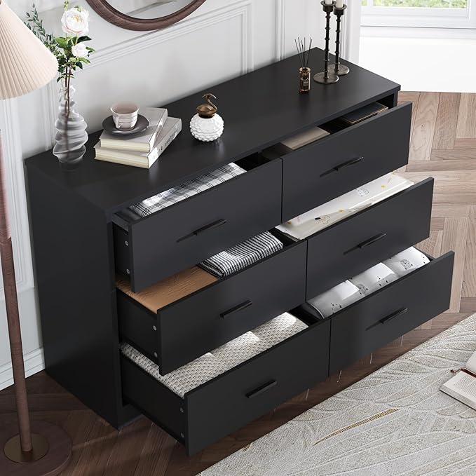 LIDYUK Black Dresser for Bedroom, 6 Drawer Dressers & Chests of Drawers, Modern Wood Dresser, 48 Inches Wide Chest of Drawers for Bedroom, Hallway, Living Room