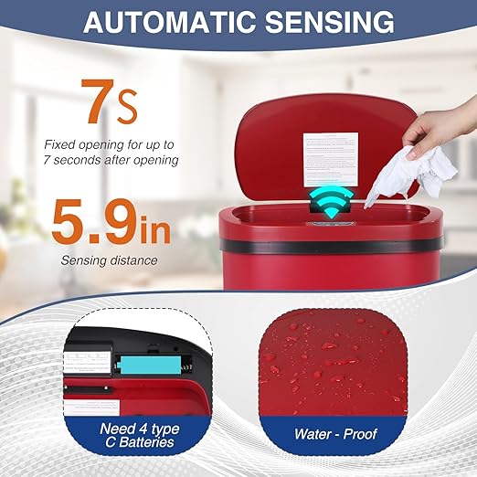 PayLessHere 13 Gallon Trash Can Kitchen Trash Can Automatic Garbage Can with Lid Touch Free High-Capacity Motion Sensor for Kitchen Bedroom Bathroom Office Trash Bin (1, Red Stainless Steel)