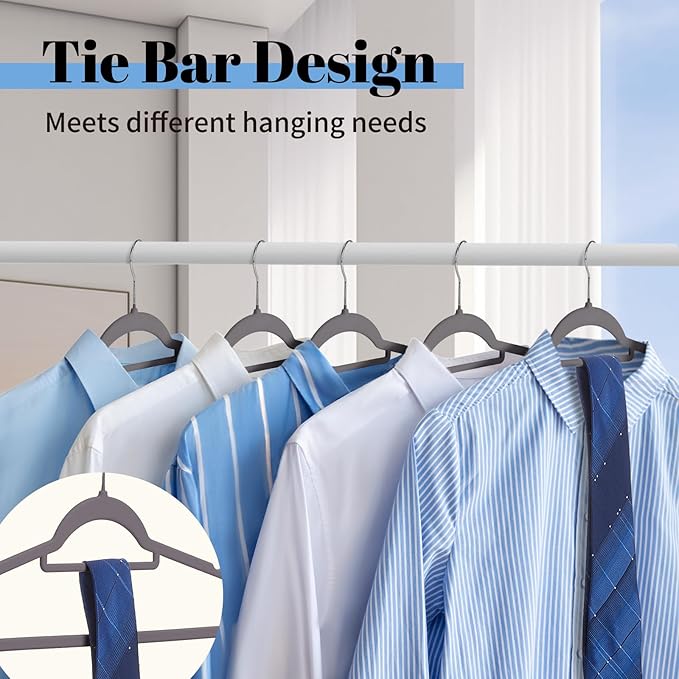 Smartor Grey Velvet Hangers 60 Pack, Space Saving Clothes Hangers with Tie Bar, Non-Slip Felt Hangers with Shoulder Notches, Heavy Duty Suit Hangers for Coat, Shirt, Pants, Dress
