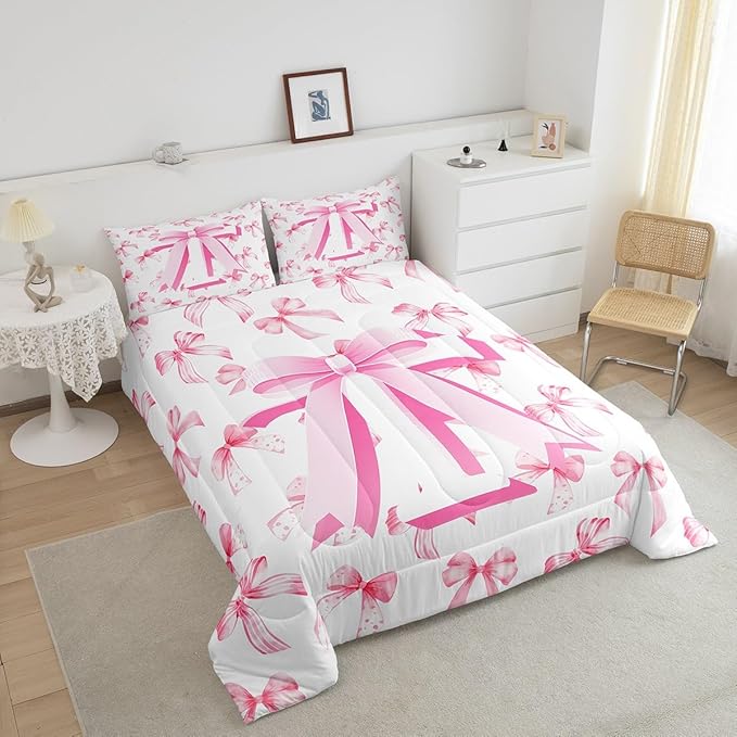jejeloiu Kids Girls Cute Pink Bow Comforter Set Twin Size Monogrammed Bedding Set Ultra Soft Personalized Initial T Duvet Quilt Coquette Bow Knot Quilt Set Room Decor Modern Fashion Comforter