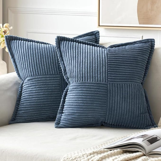 MIULEE Decorative Throw Pillow Covers for Couch Bed Livingroom 20x20 Inch Set of 2 Blue Boho Accent Throw Pllows Broadside Striped Patchwork Soft Corduroy Summer Coastal Pillowcases
