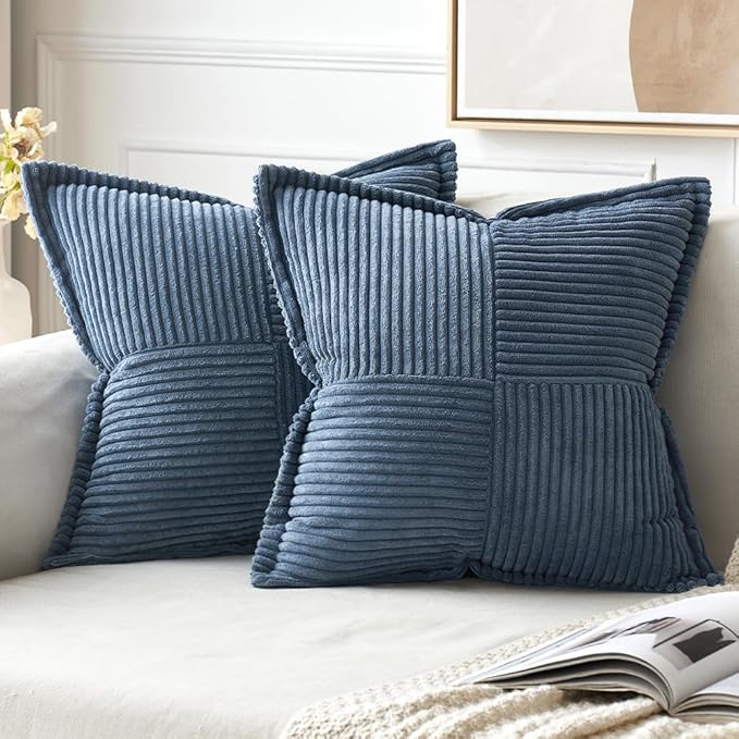 MIULEE Decorative Euro Sham Throw Pillow Covers for Couch Bed Livingroom 22x22 Inch Set of 2 Blue Boho Accent Throw Pllows Broadside Striped Patchwork Soft Corduroy Summer Coastal Pillowcases