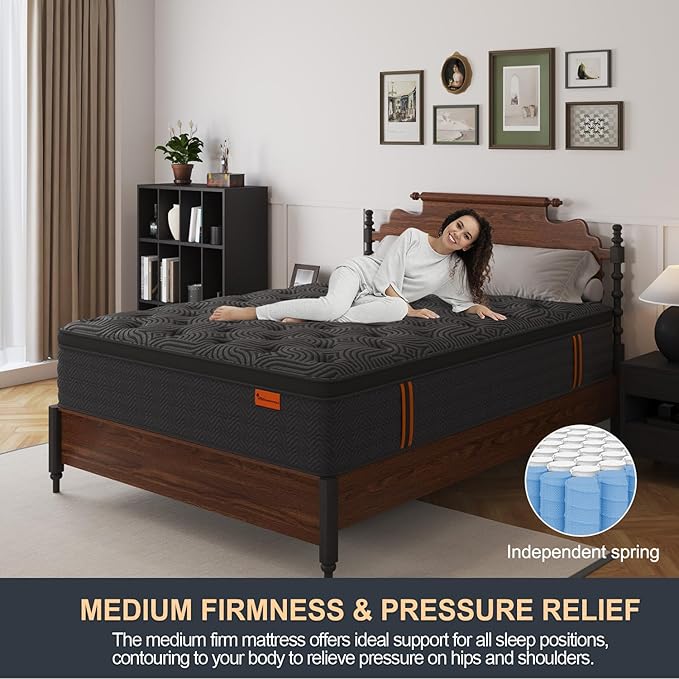Queen Mattress, 14 Inch Hybrid Mattresses in a Box with Durable Support, Fiberglass Free, Motion Isolation & Individually Poctet, 100 Night Trial, Queen Size, Dark Grey