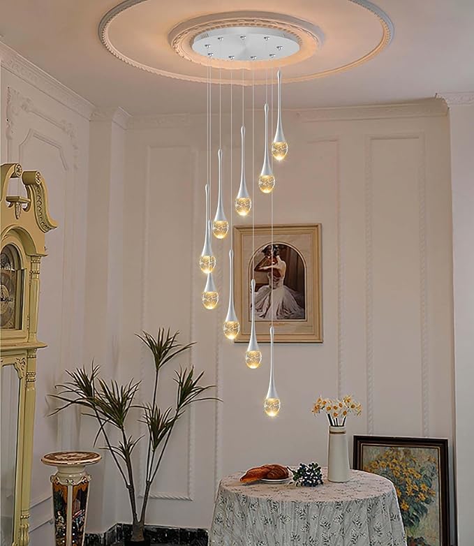 9-Lights H100'' Modern Chandelier 9-Lights Silver Foyer Entrance Chandeliers High Ceiling Chandelier LED Dimmable 2700-6000K Fixtures