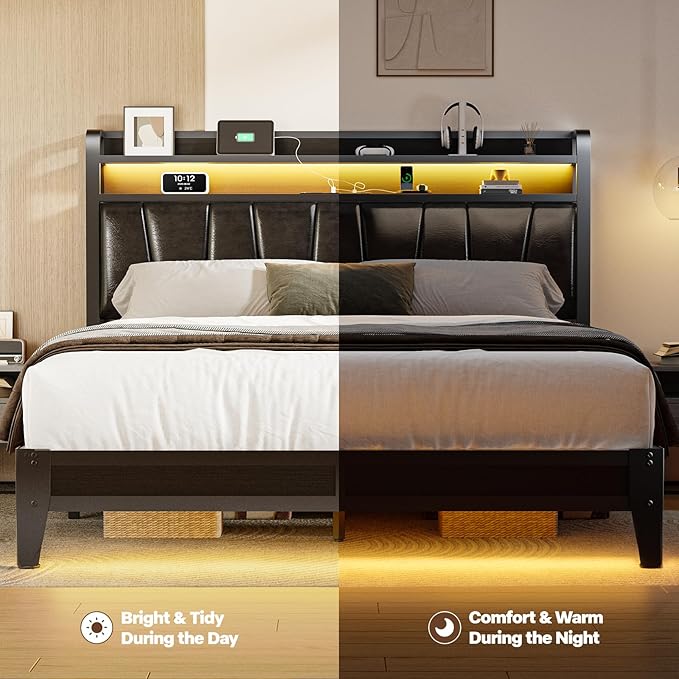 Queen Size Bed Frame with 2-Tier Storage Shelves, LED Bed Frame with PU Leather Headboard, Metal Platform Bed with Charging Station, Noise Free, No Box Spring Needed, Easy Assembly, Black