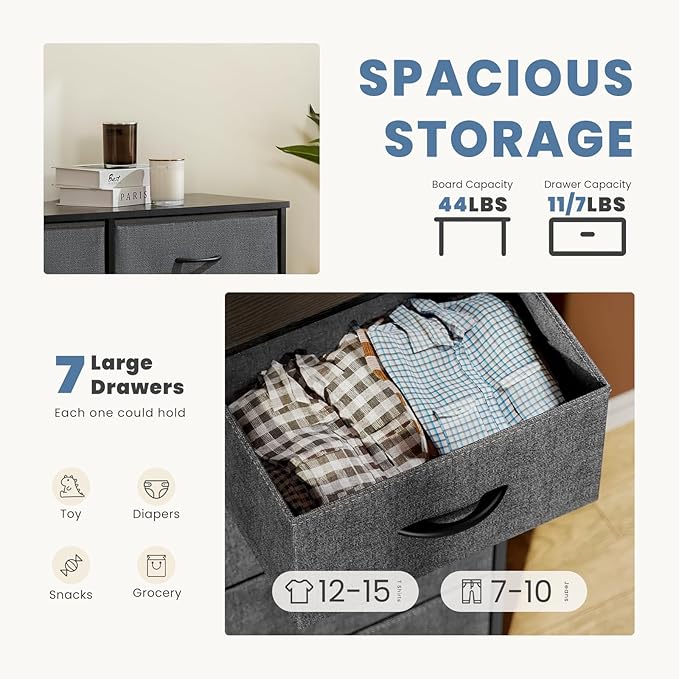 DUMOS Dresser for Bedroom with 7 Fabric Drawers, Chest Organizer Units for Clothing, Closet, Bedroom, Storage Tower with Cabinet, Metal Frame, Wooden Top, Lightweight Nursery Furniture, Grey