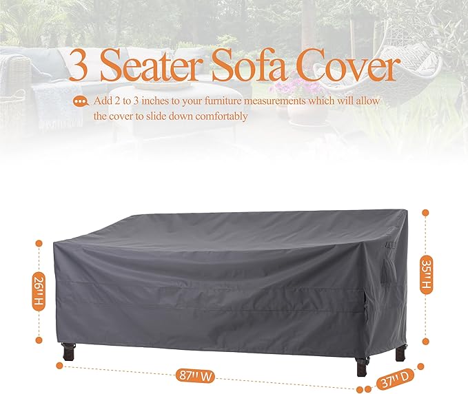 WJ-X3 3-Seater Outdoor Sofa Cover, Heavy Duty Patio Couch Cover, Waterproof, High Wind Resistant - 87W x 37D x 35H, Grey