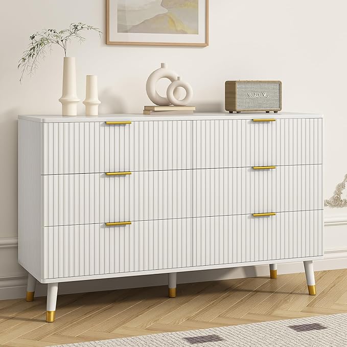 White Dresser for Bedroom, Fluted 6 Drawer Dresser with Gold Metal Handles, Modern Chest of Drawers for Living Room, Bedroom, White