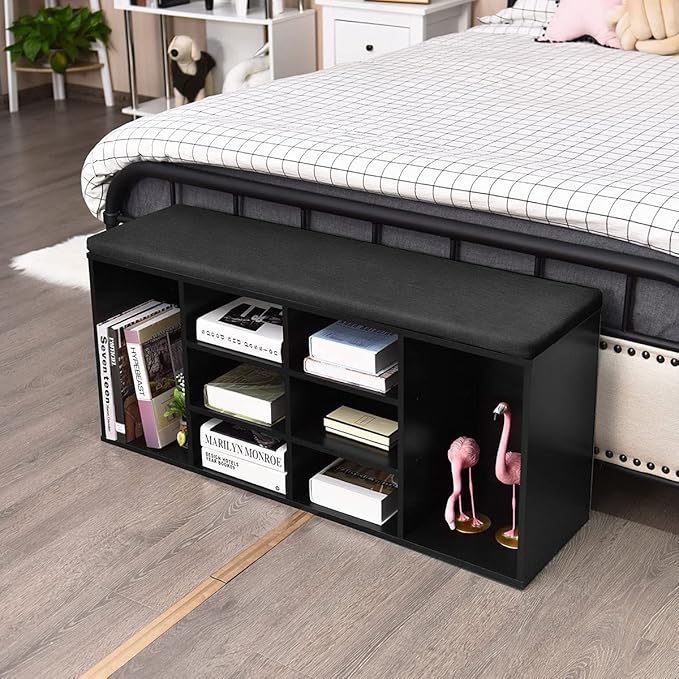 Giantex Shoe Storage Bench with Cushion, Entryway Shoe Rack Bench, Adjustable Shelves, 10-Cubbies Organizer Bench for Entryway, Living Room, Bedroom, Hallway, Closet, Mudroom (Black)