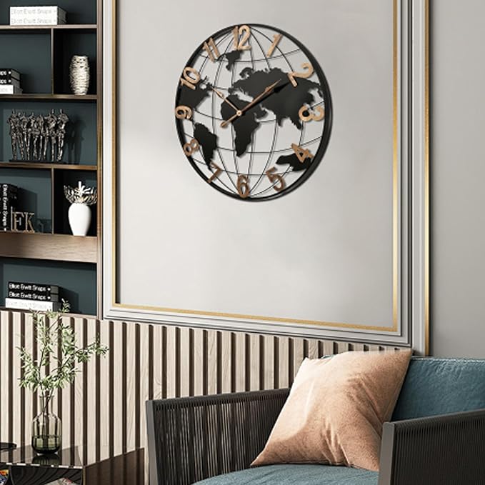 36 Inch Oversized World Map Wall Clock,Large Retro Silent Non-Ticking Battery Operated Clock for Living Room, Bedroom, Office, Kitchen, Black Arabic Numerals