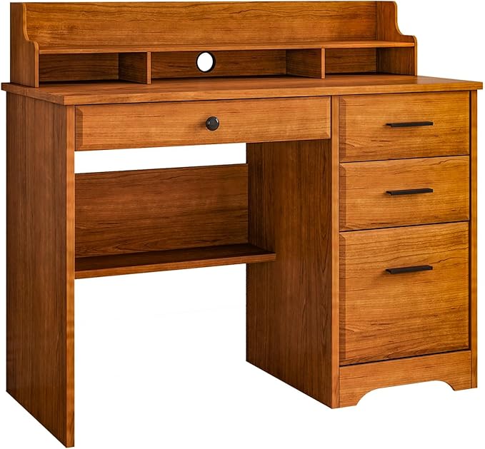 4 EVER WINNER Computer Desk with Drawers for Small Spaces, Home Office Desks with File Cabinet & Monitor Stand, Wood Desk Writing Study Table for Bedroom, Brown