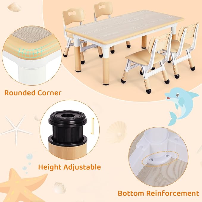 Arlopu Kids Table and 6 Chairs Set, Height Adjustable Graffiti Desk, Preschool Activity Art Craft Table, for Daycare Classroom Home Boys and Girls Age 3-12 (Beige)