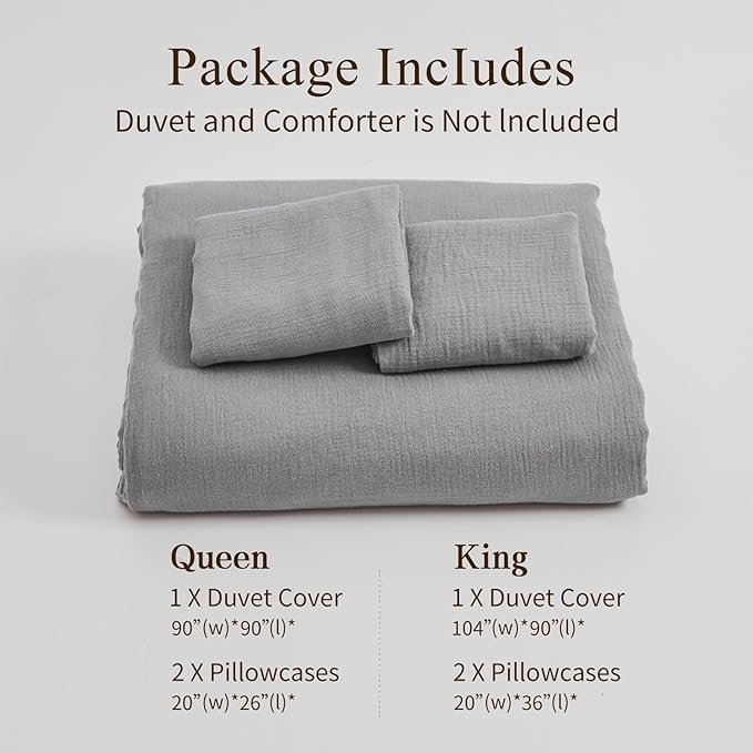 MEISHANG Muslin Duvet Cover King Size - 100% Organic Cotton, Soft Textured Gauze Weave Comforter Cover for Breathable All-Season with Zipper Closure - 3 Piece Set (King, Dark Grey)